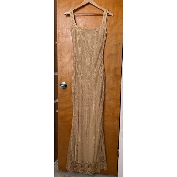 ALMOND MUSE ISABELLA Rhinestone Mesh Square Neck Maxi Dress Gold Ball Gown Sz S - Picture 3 of 11